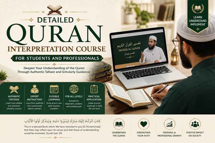 Students and professionals learning detailed Quran interpretation and Tafseer with qualified Islamic scholars in an online educational environment