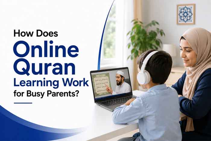 Busy parents supporting their child during an online Quran learning class at home.